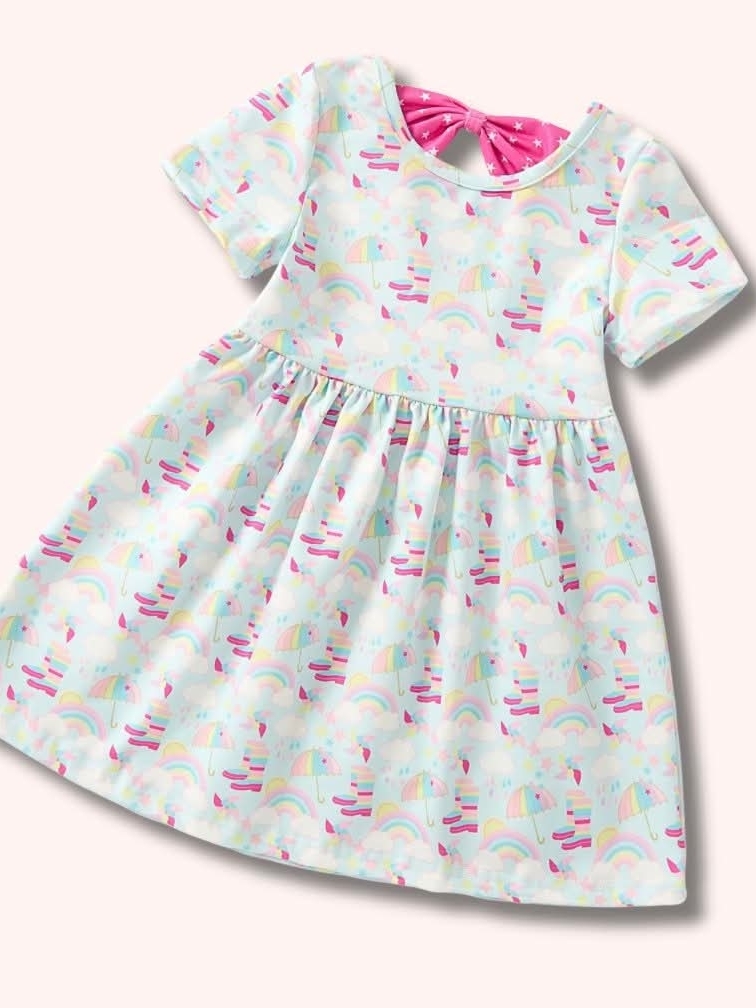 Girls Pastel Rainbow Print Casual Dress With Pink Bow